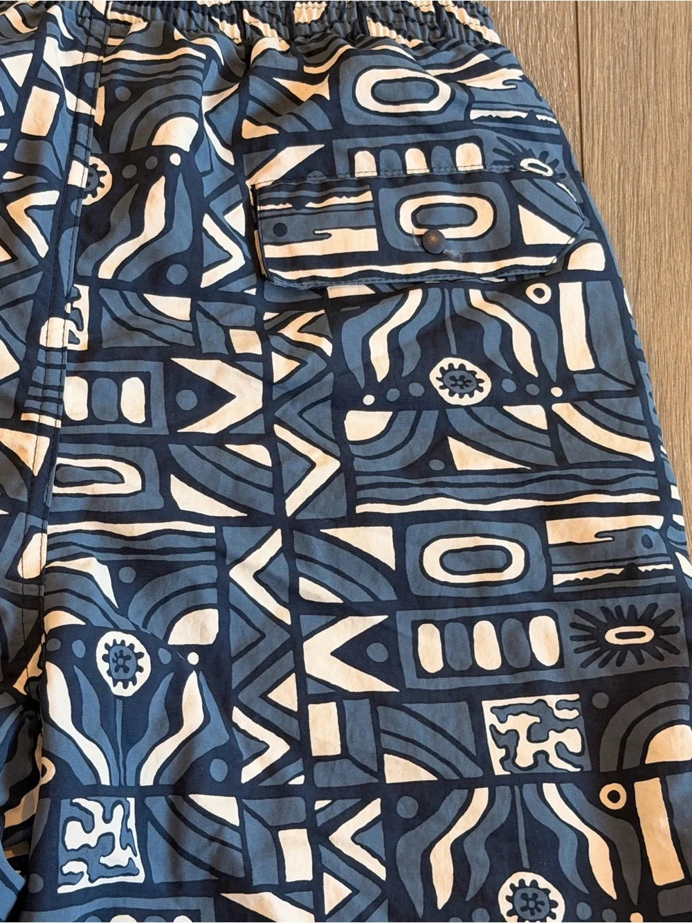 Patagonia Men’s Navy and White Geometric Swim Trunks